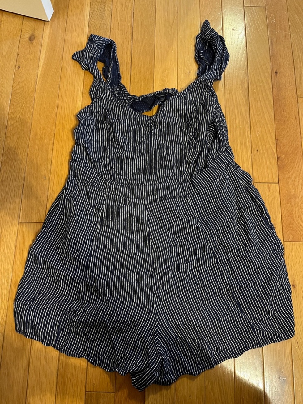 American Eagle navy blue and white striped romper